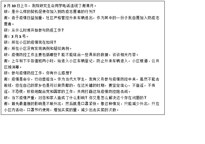文本框: 2月10日上午,澳洲女足直播
研究生会同学电话连线了谢清月。研:是什么样的契机促使你加入到防疫志愿者的行列?谢:由于疫情日益加重,社区严格管控外来车辆进出,作为其中的一份子我自愿加入防疫志愿者。研:从什么时候开始参与防疫工作?谢:2月3号。研:所在小区的疫情现在如何?谢:所在小区没有发现病例和疑似病例。研:疫情防控工作主要包括哪些?能不能结合一些具体的数据,谈谈相关内容。谢:上午和下午各值班两小时,给进入小区车辆登记,防止外来车辆进入,小区楼道、公共区域消毒。研:参与疫情防控工作,你有什么感想?谢:疫情是命令,行动显担当。作为当代大学生,我有义务参与疫情防控中来,虽然不能去前线,但在自己的家乡也是可以做贡献的,在这关键的时期,要坚定信心,不造谣,不传谣,不恐慌,积极地配合党和国家的工作,共同打赢这场疫情防控阻击战。研:当下疫情严重,对您和家人造成了什么影响?你又是怎么解决这个存在问题的?谢:首先最直接的影响是不敢外出,然后就是口罩紧张。像这种情况,只能减少外出,只在小区内活动,口罩节约使用,增加买菜的量,减少出去买菜的次数。